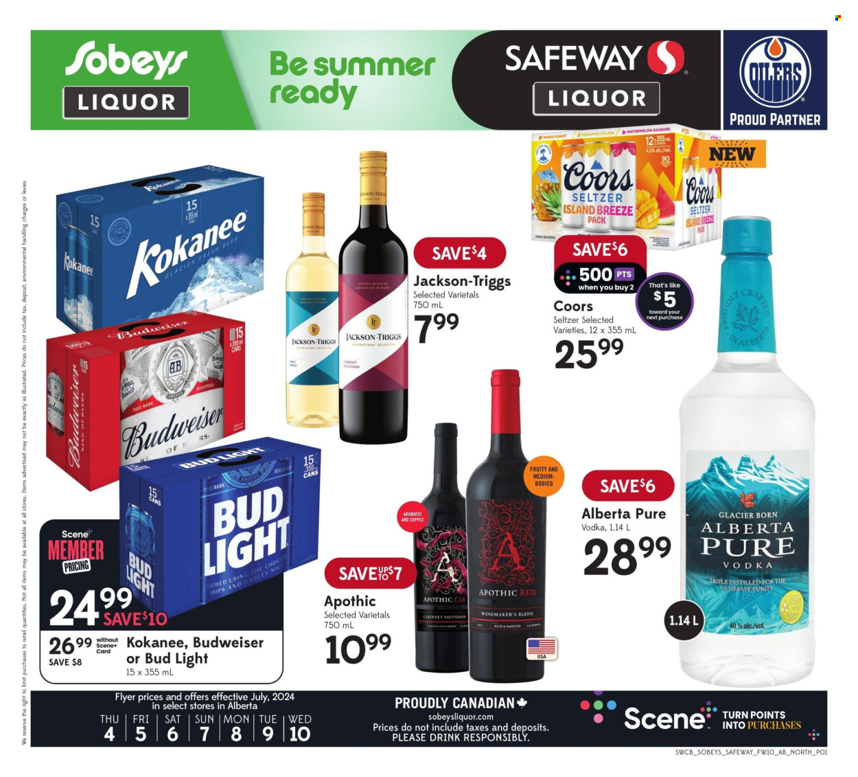 thumbnail - Circulaire Sobeys Liquor - 04 Juillet 2024 - 10 Juillet 2024 - Produits soldés - vin blanc, vin rouge, vin, alcool, Cabernet Sauvignon, bière, Budweiser, Bud, vodka. Page 1.