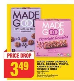 MADE GOOD GRANOLA BARS, COOKIES, MINI'S, CRISPY SQUARES or CRUNCHY BITES, 110-150 g - selected varieties

barres ou carrés ou bouchées