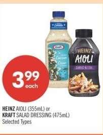 HEINZ AIOLI (355mL) or KRAFT SALAD DRESSING (475mL) - Selected Types