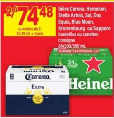 bière Corona, Heineken, Stella Artois, Sol, Dos Equis, Blue Moon, Kronenbourg ou Sapporo