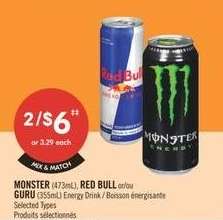 MONSTER (473mL), RED BULL or/ou GURU (355mL) Energy Drink