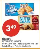 KELLOGG'S RICE KRISPIES SQUARES, NUTRI-GRAIN Bars / Barres or/ou POP-TARTS 8's