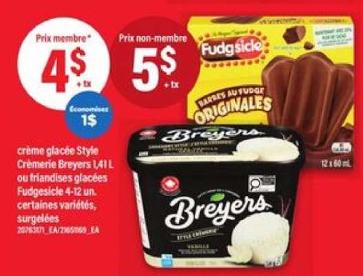 crème glacée Style Crèmerie Breyers 1,41 L ou friandises glacées Fudgesicle 4-12 un.