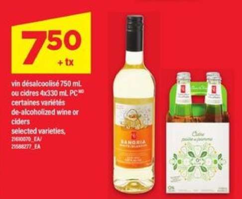 vin désalcoolisé 750 mL ou cidres 4x330 mL PC