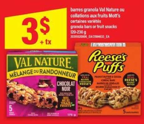 barres granola Val Nature ou collations aux fruits Mott's