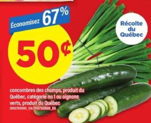 concombres des champs, produit du Québec, catégorie no 1 ou oignons verts, produit du Québec