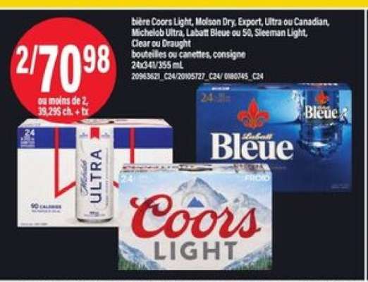 bière Coors Light, Molson Dry, Export, Ultra ou Canadian, Michelob Ultra, Labatt Bleue ou 50, Sleeman Light, Clear ou Draught