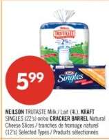 NEILSON TRUTASTE Milk / Lait (4L), KRAFT SINGLES (22's) or/ou CRACKER BARREL Natural Cheese Slices