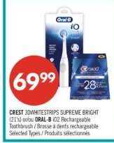 CREST 3DWHITESTRIPS SUPREME BRIGHT (21's) ou/ou ORAL-B iO2 Rechargeable Toothbrush