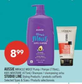 AUSSIE MIRACLE MOIST Pump / Pompe (778mL), KIDS MOISTURE (475mL) Shampoo / shampooing et/ou STUDIO LINE Styling Products / produits coiffants