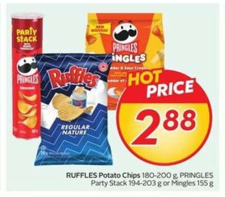 RUFFLES Potato Chips 180-200 g, PRINGLES Party Stack 194-203 g or Mingles 155 g