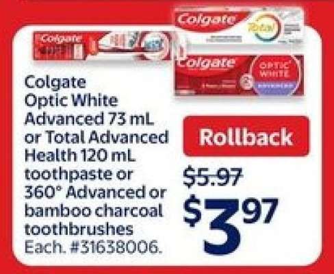 Colgate Optic White Advanced or Total Advanced Health Toothpaste