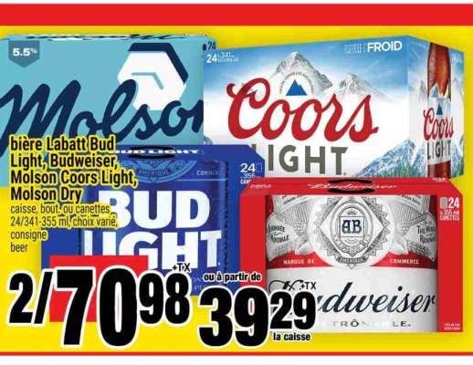 biere Labatt Bud Light, Budweiser, Molson Coors Light, Molson Dry