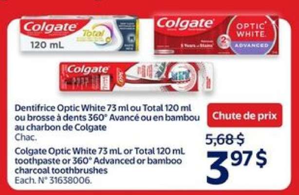 Colgate Optic White 73 mL or Total 120 mL toothpaste or 360° Advanced or bamboo charcoal toothbrushes