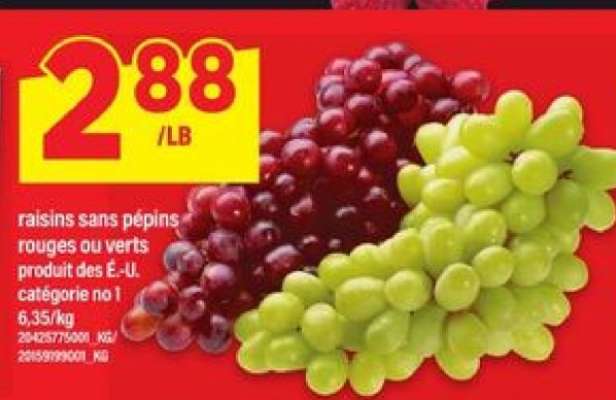 Raisins sans pépins rouges ou verts
