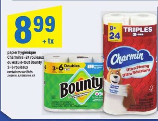 papier hygiénique Charmin ou essuie-tout Bounty